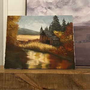 Original RUSTIC BARN Rural Landscape River Autumn 20x16 Oil Canvas Artist signed